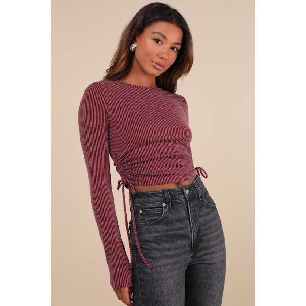 Lulus Sweet Ease Berry Red Textured Ribbed Ruched Long Sleeve Top - Size L